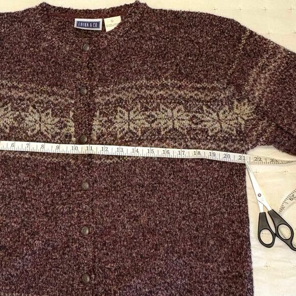 Vintage Erika & Co Textured Knit Fair Isle Cardigan Sweater Women's L | Maroon - Picture 8 of 11